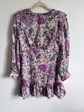 EUC Zara Floral Satin Effect Mini Dress with Purple and Blue Blooms size M